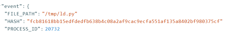 LimaCharlie NEW_DOCUMENT event JSON showing FILE_PATH /tmp/ld.py, HASH fcb81618bb15edfdedfb638b4c08a2af9cac9ecfa551af135a8402bf980375cf, and PROCESS_ID 20732 linking to curl