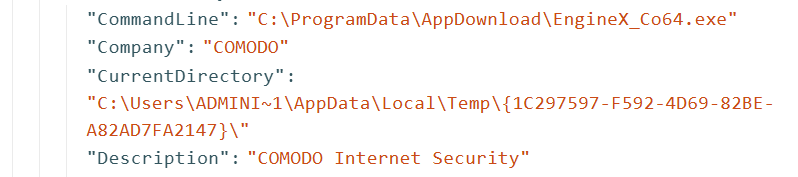 Sysmon Event ID 1 JSON showing Company COMODO, Product COMODO Internet Security, wrong path